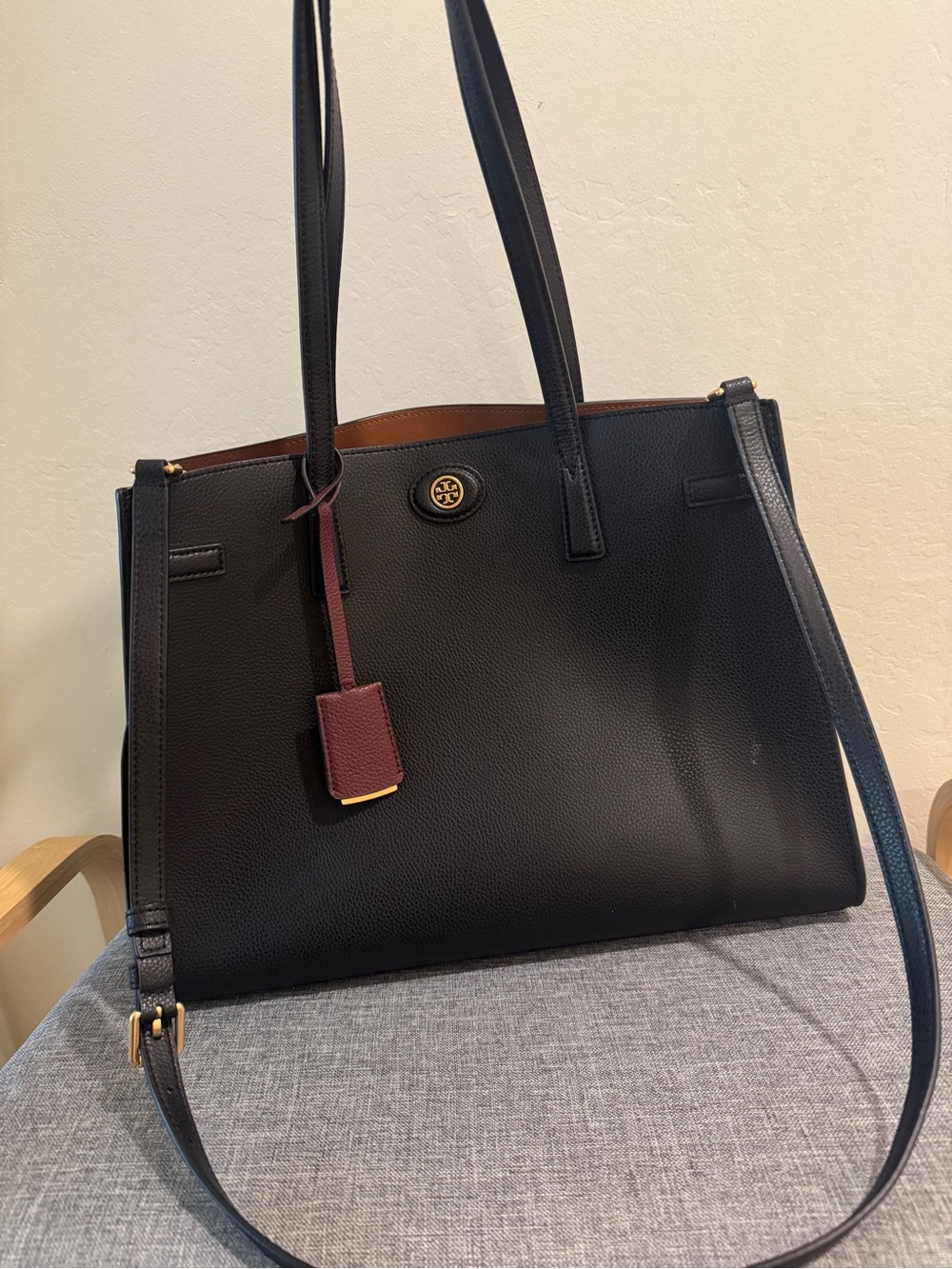 Tory Burch Black Leather Tote with Burgundy Tag